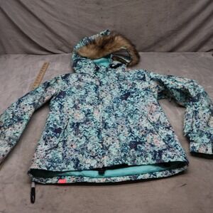 Roxy Jacket Womens XL Blue Floral Faux Fur Hood DryFlight Waterproof Full Zip
